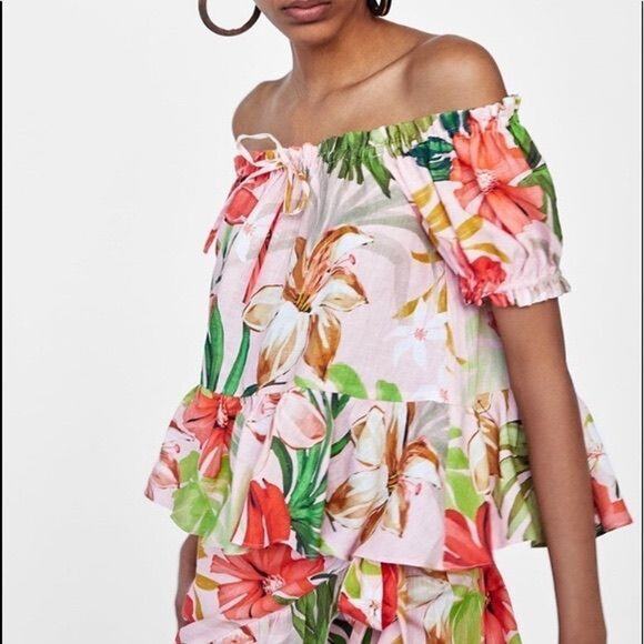 Zara Tops - Zara Floral Off Shoulder Peplum Top XS